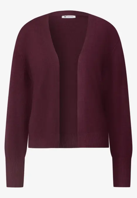 Weinroter, langärmliger Strick-Cardigan mit offenem Design und feinem Rippstrickmuster.