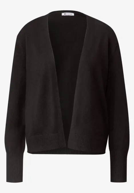 Schwarze, offene Strickjacke mit V-Ausschnitt, langen Ärmeln und gerippten Bündchen.
