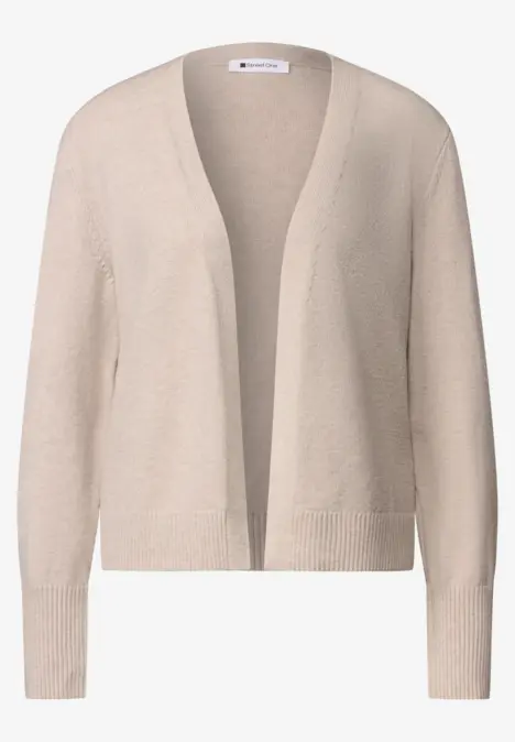 Beige leichte Strickjacke mit offenem Schnitt und langen Ärmeln.