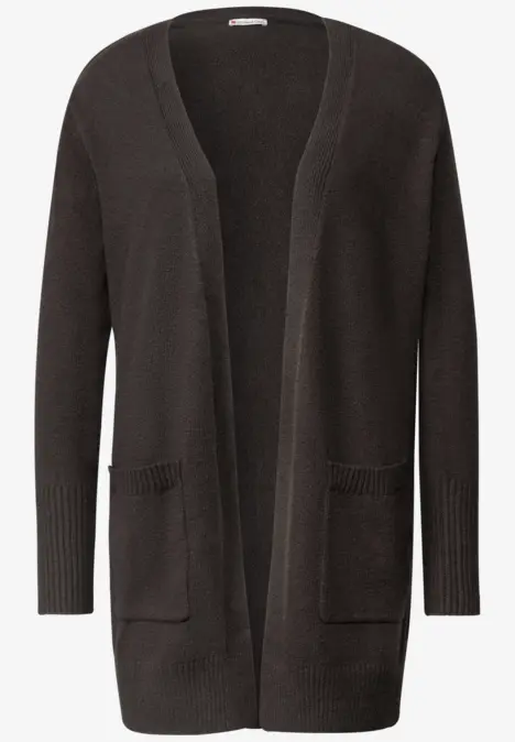 Langer, offener Strickcardigan in Dunkelbraun mit Taschen und Rippenstrick-Details.