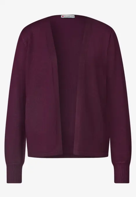 Dunkelviolette, offene Strickjacke mit langen Ärmeln und Rundhalsausschnitt.