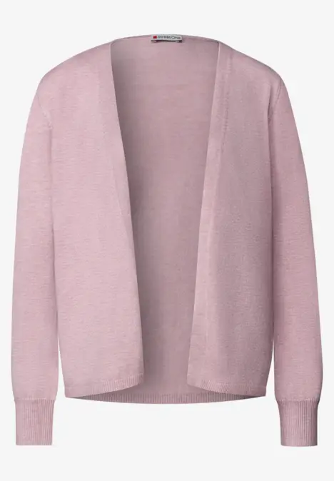 Zartrosa, offener Strickcardigan mit langen Ärmeln.