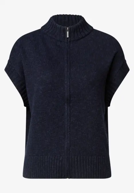 Dunkelblauer kurzärmeliger, grob gestrickter Pulli mit Stehkragen und Frontreißverschluss