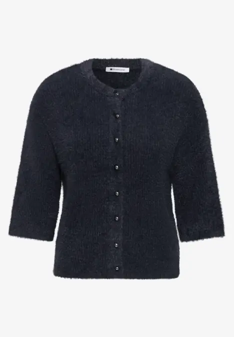 Dunkelblaue Damen-Strickjacke mit flauschiger Struktur, Knopfleiste und 3/4-Ärmeln.