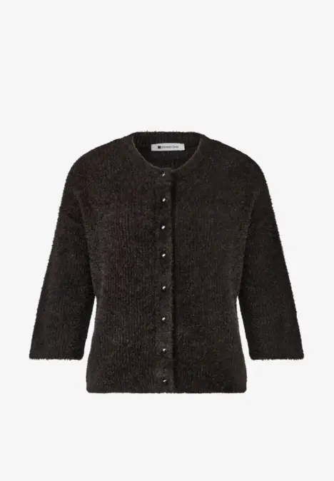 Dunkelbraune Strickjacke mit Knopfleiste und 3/4-Ärmeln.