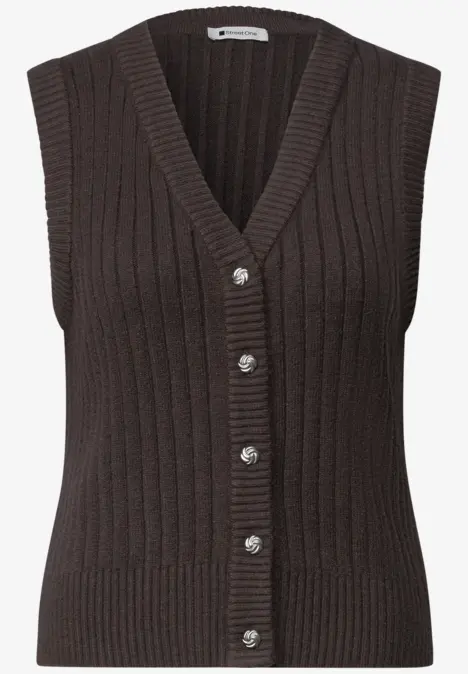 Braune, gerippte Strickweste mit V-Ausschnitt und Knopfleiste.