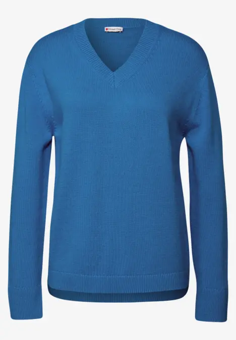 Blauer Pullover mit V-Ausschnitt und langen Ärmeln.