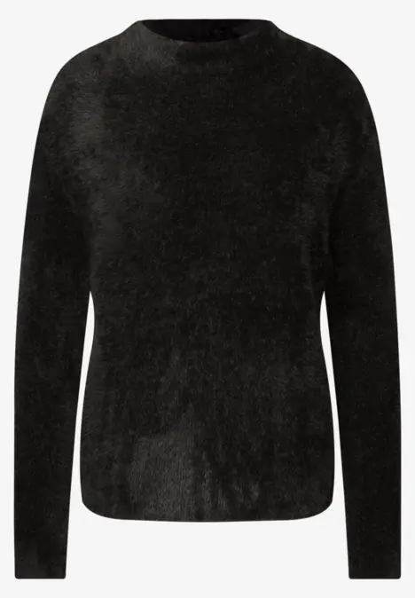Schwarzer, langärmliger Pullover mit samtiger Textur.