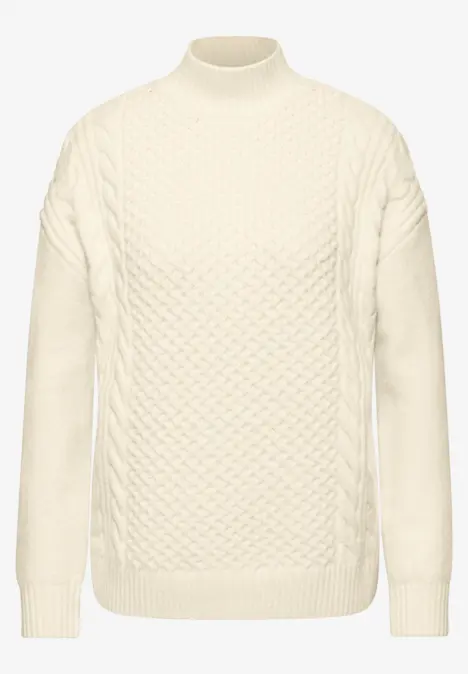 Beiger, langärmliger Strickpullover mit Zopfmuster und Stehkragen