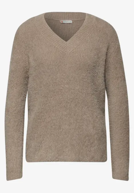 Beiger V-Ausschnitt-Pullover mit Rippstrickmuster