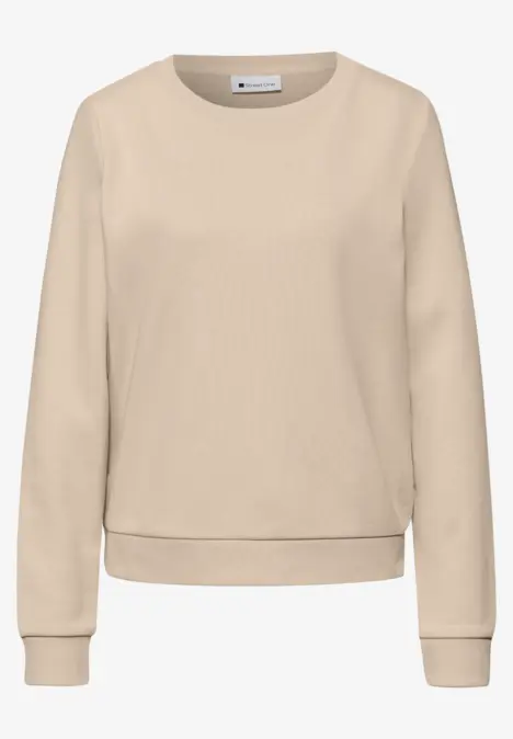 Beiger, schlichter Rundhals-Sweater mit langen Ärmeln und Rippbündchen.