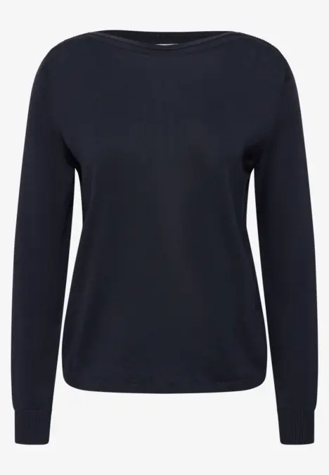 Dunkelblauer Pullover mit Rundhalsausschnitt und langen Ärmeln.