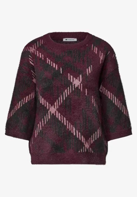 Weinroter Pullover mit geometrischem Muster in Rosa und Schwarz, 3/4-Ärmel und Rundhalsausschnitt.