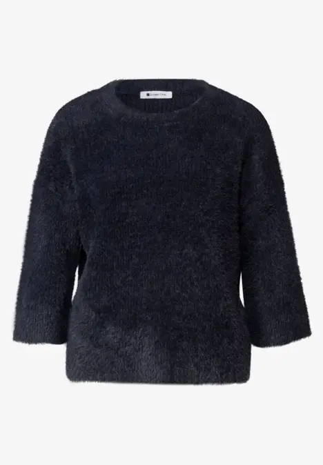 Dunkelblauer, flauschiger Pullover mit 3/4-Ärmeln und Rundhalsausschnitt.