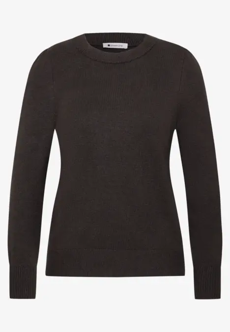 Schwarzer langer Damenpullover mit Rundhalsausschnitt und Rippbündchen.