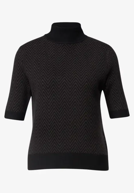 Schwarzer Kurzarm-Pullover mit Stehkragen und dezentem Zickzackmuster