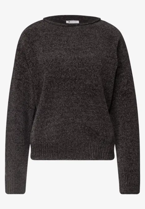Grau-schwarzer Pullover mit Glitzereffekt, Rundhalsausschnitt und langen Ärmeln.