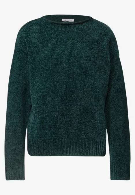 Dunkelgrüner, langärmliger Strickpullover mit Rundhalsausschnitt.