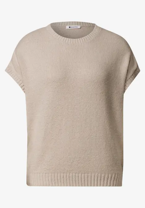 Ärmelloses, beiges Stricktop mit Rundhalsausschnitt und geripptem Bund.