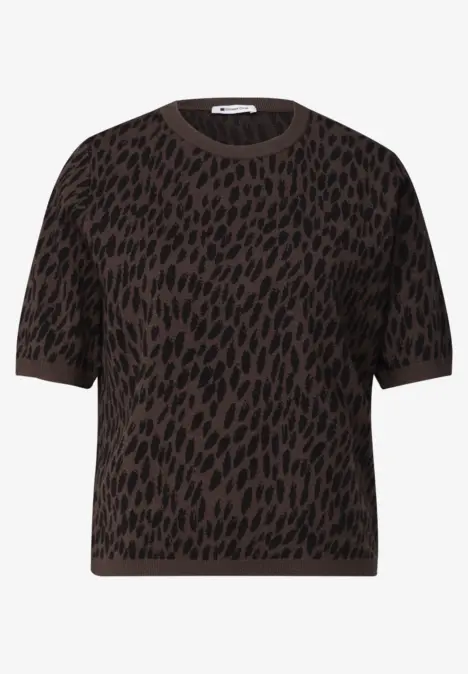 Braunes Kurzarm-Shirt mit schwarzem Tupfenmuster