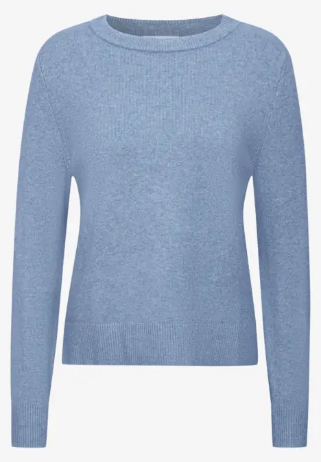 Hellblauer, einfarbiger Pullover mit Rundhalsausschnitt und langen Ärmeln.