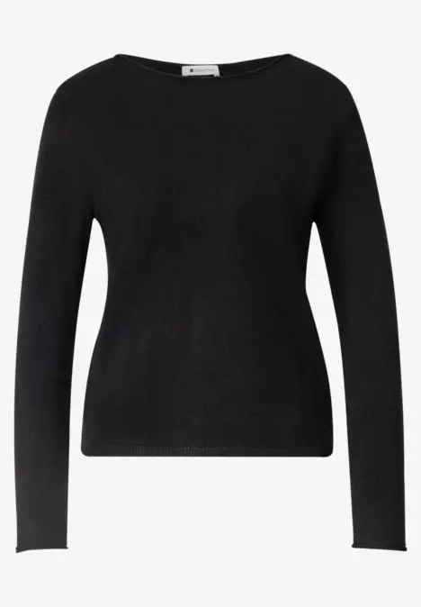 Schlichter, langärmliger schwarzer Damenpullover mit rundem Ausschnitt.