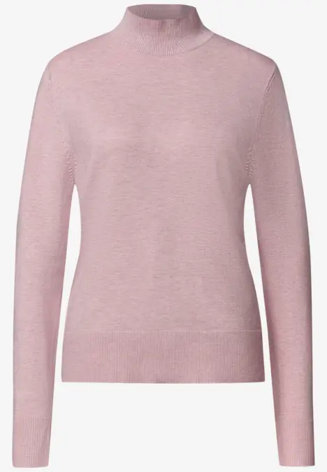 Rosa Rollkragenpullover mit langen Ärmeln, schlichter Stil und feines Strickmuster.
