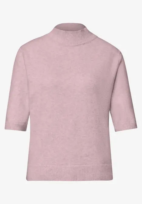Rosa Kurzarm-Strickpullover mit Rollkragen, weicher Stoff und lockere Passform.
