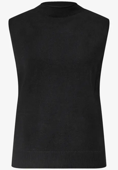 Schwarzer, ärmelloser Feinstrick-Pullover mit Rundhalsausschnitt.