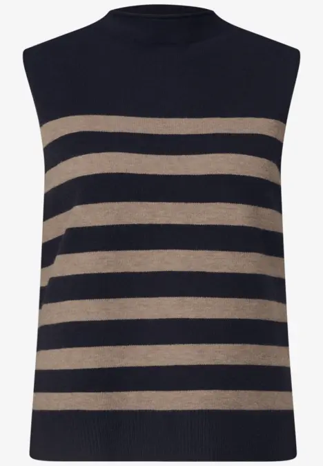 Ärmelloses Stricktop mit navy-beigen Querstreifen.