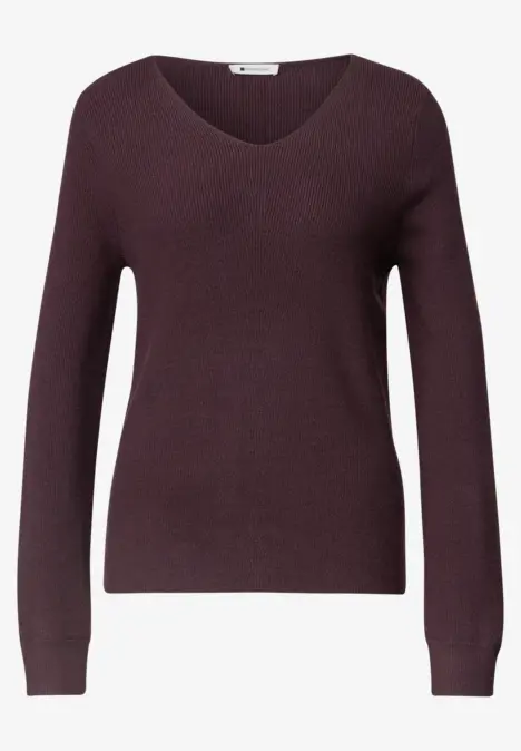 Dunkelroter, fein gestrickter V-Ausschnitt-Pullover mit langen Ärmeln.