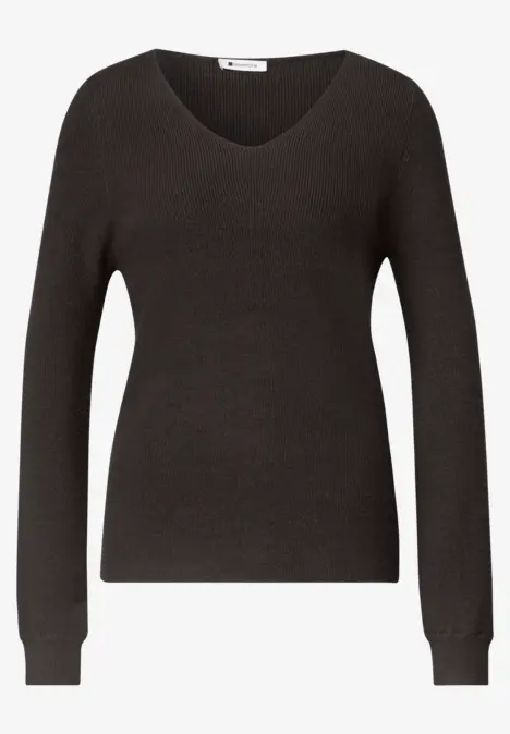 Dunkelgrauer, langärmliger V-Ausschnitt-Pullover.