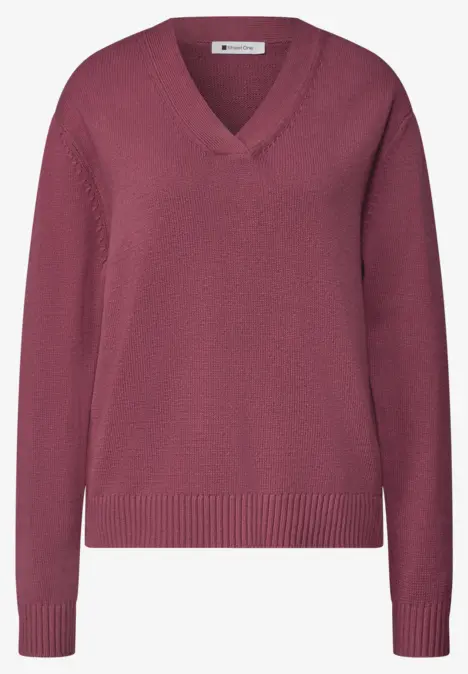 Rosa V-Ausschnitt Pullover mit Feinstrick, langärmlig und lässigem Schnitt.