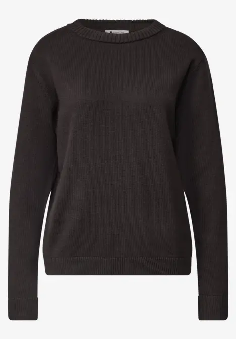 Schwarzer, langärmliger Feinstrickpullover mit Rundhalsausschnitt