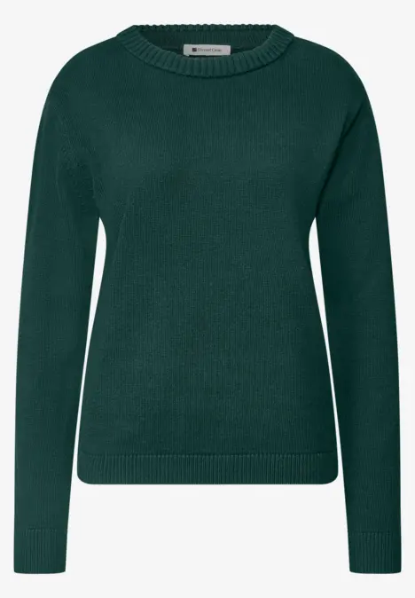 Dunkelgrüner Damenpullover mit Rundhalsausschnitt und langen Ärmeln
