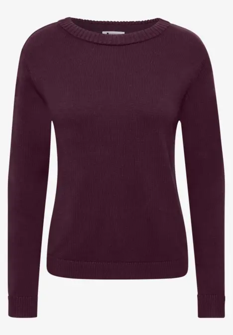 Schmal geschnittener Damenpullover in Dunkellila mit Rundhalsausschnitt und langen Ärmeln.
