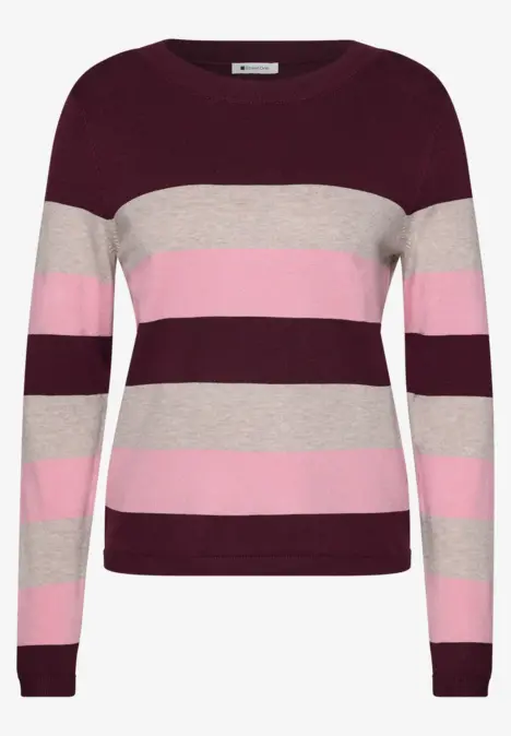 Gestreifter Damenpullover mit Rundhalsausschnitt in Burgund, Beige und Rosa.