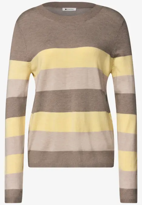 Pullover mit Rundhalsausschnitt und breiten horizontalen Streifen in Braun, Beige und Hellgelb.