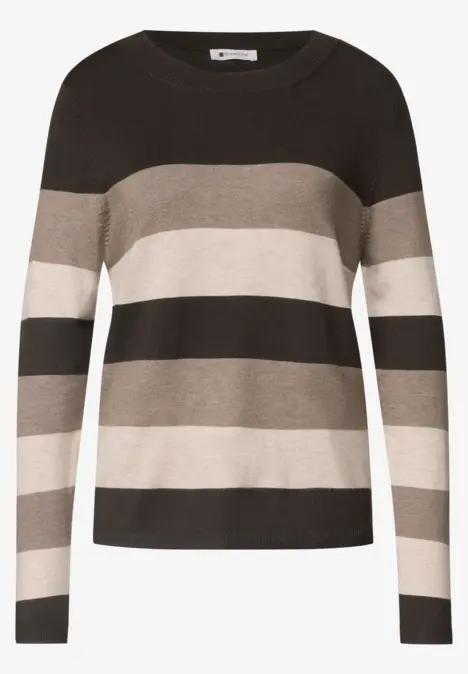 Gestreifter Damenpullover in Schwarz, Beige und Grau mit Rundhalsausschnitt.