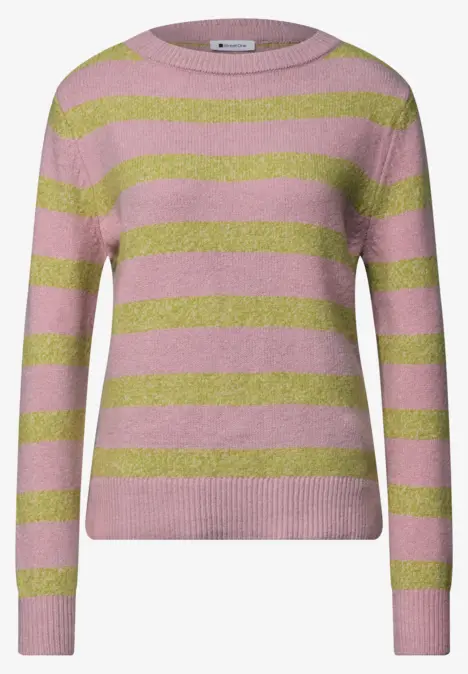 Rosa Pullover mit limonengrünen, horizontalen Streifen, Rundhalsausschnitt und langen Ärmeln.