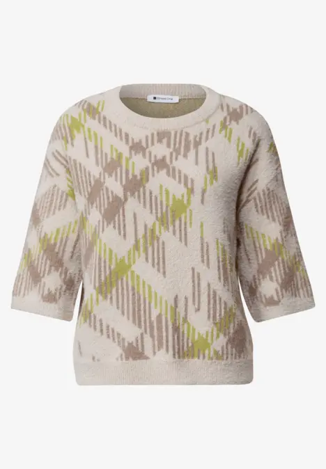 Beiger Kurzarm-Pullover mit Rundhalsausschnitt und abstraktem Argyle-Muster in Natur- und Lindgrün.