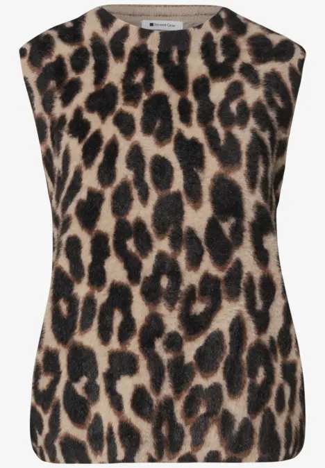 Ärmelloses Damenoberteil mit Leopardenmuster in Beige, Braun und Schwarz.