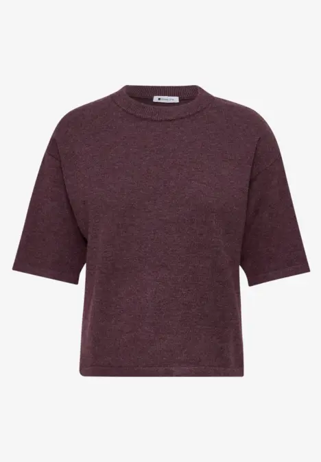 Kurzärmeliges T-Shirt in dunklem Bordeauxrot mit rundem Ausschnitt und legerem Schnitt.