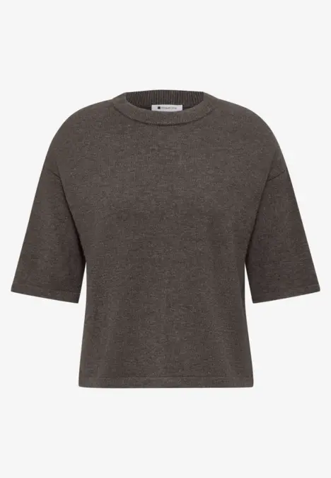 Ein dunkelgraues, kastig geschnittenes T-Shirt mit Rundhalsausschnitt und halblangen Ärmeln.