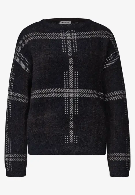 Schwarzer Pullover mit weißen Karomuster, weiter Schnitt und langen Ärmeln