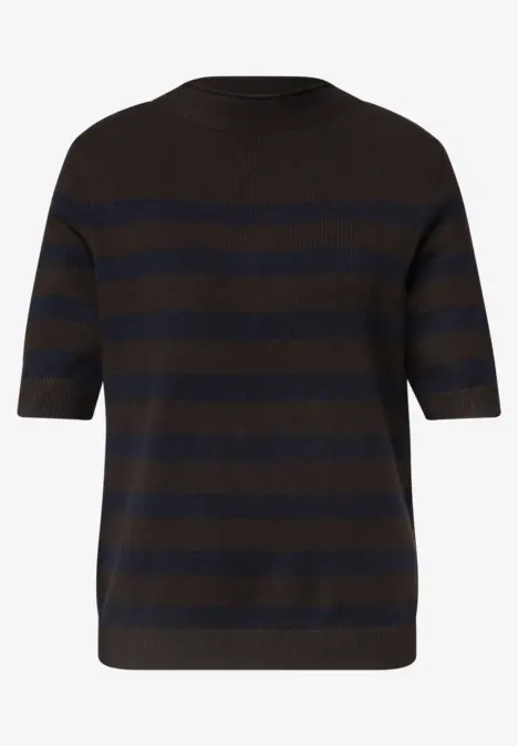 Kurzarm-Pullover aus Strick mit breiten schwarz-braunen Streifen und Rundhalsausschnitt.