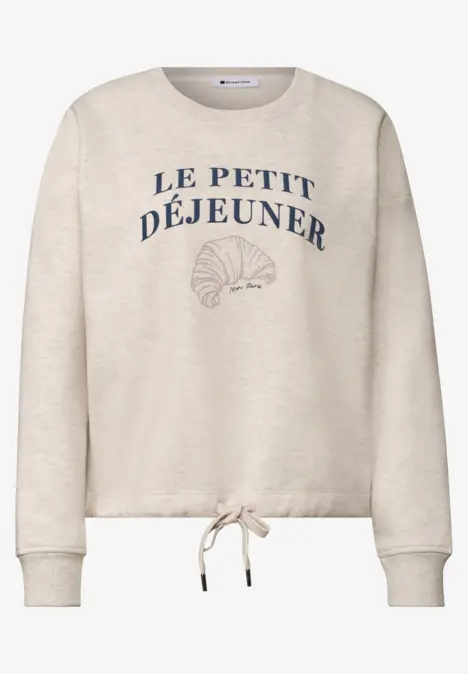 Beiges Sweatshirt mit Rundhalsausschnitt, Tunnelzug, Aufdruck Le Petit Déjeuner und Croissant-Illustration