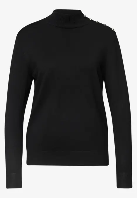 Schwarzer, langer Pullover mit Rollkragen und langen Ärmeln.
