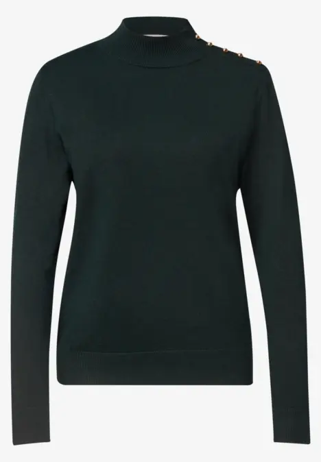 Schwarzer Rollkragenpullover mit Knopfdetails an der Schulter, schmal geschnitten und langärmelig.