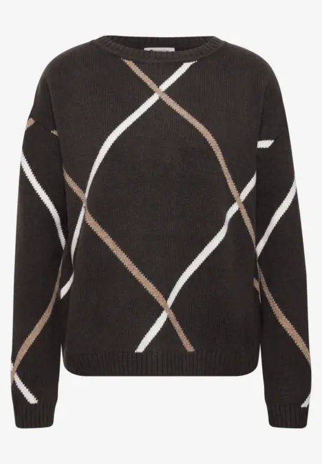 Dunkler Strickpullover mit weißen und beigen diagonalen Streifen, Rundhalsausschnitt und langen Ärmeln
